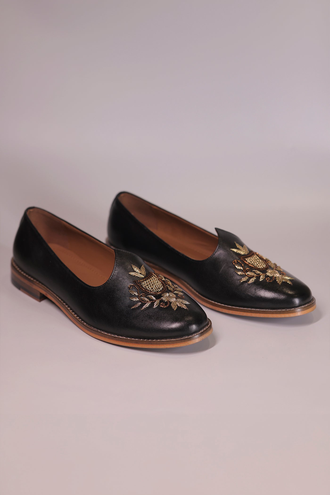 Handcrafted Black Leather Jalsa with Embroidered Crest & Wooden Sole