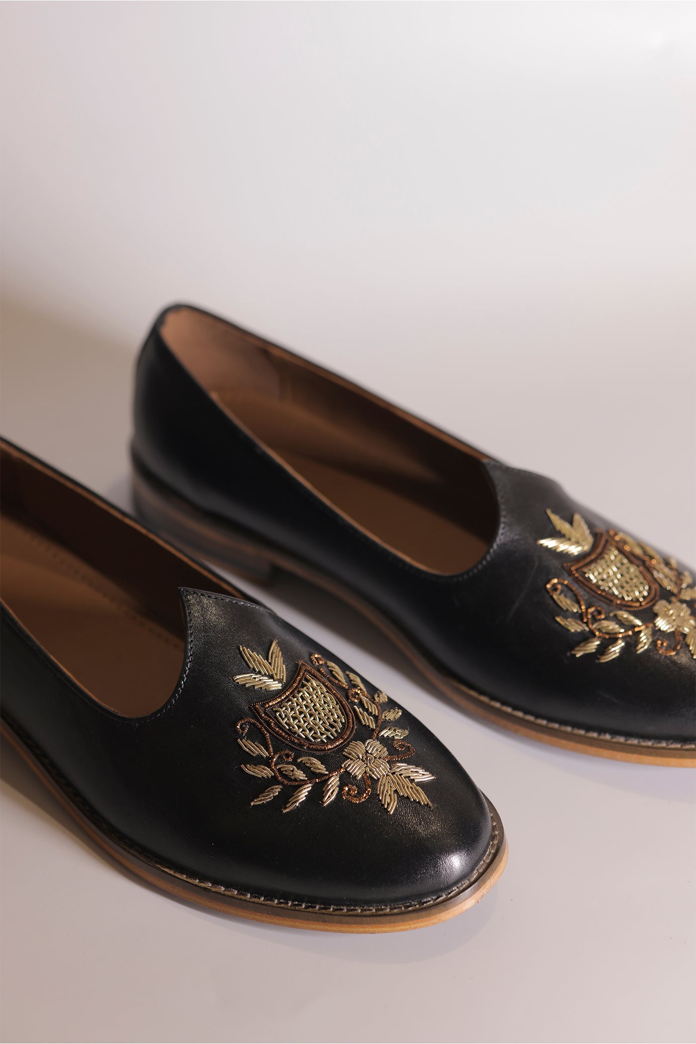 Handcrafted Black Leather Jalsa with Embroidered Crest & Wooden Sole