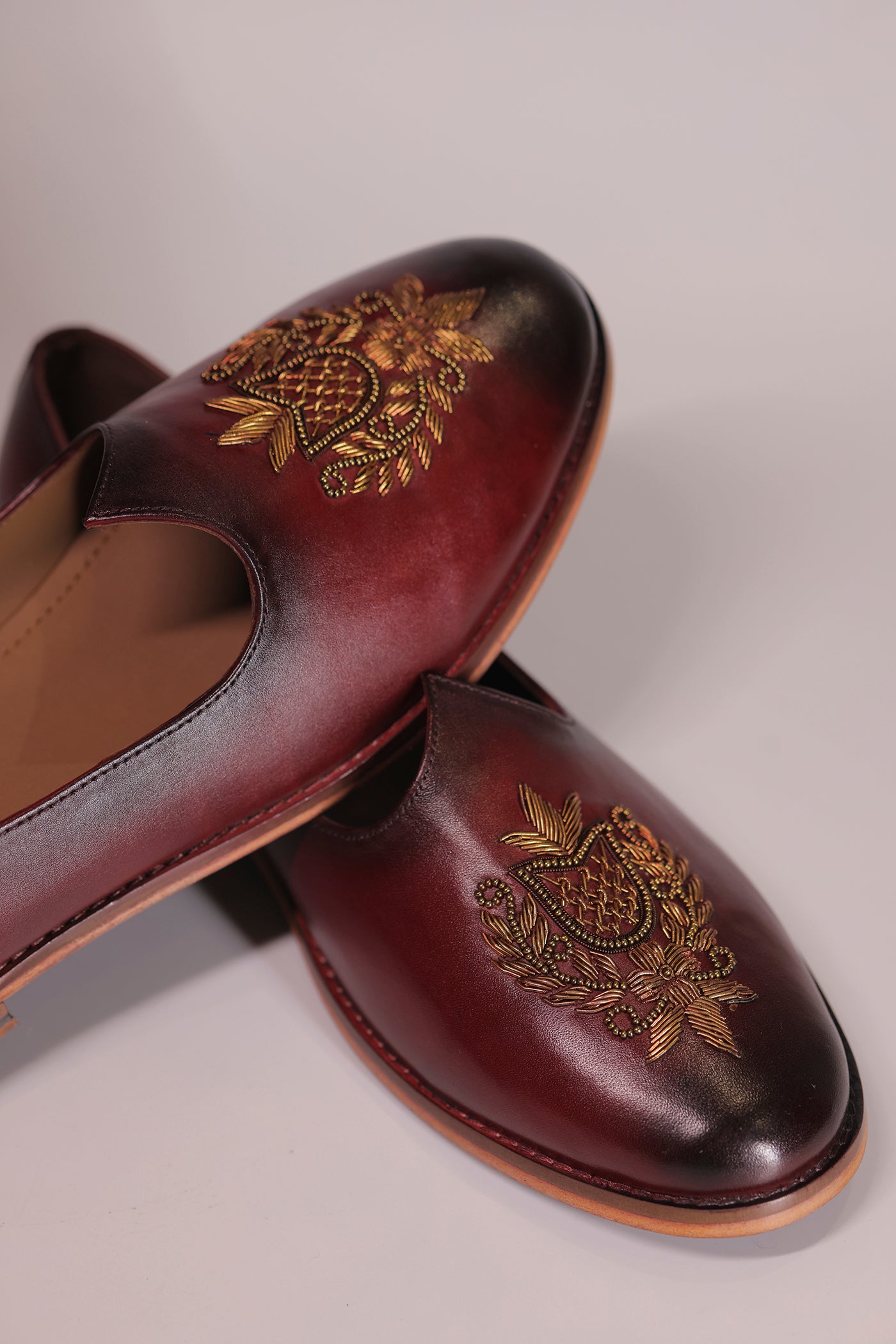Handcrafted Maroon Leather Jalsa with Embroidered Crest & Wooden Sole