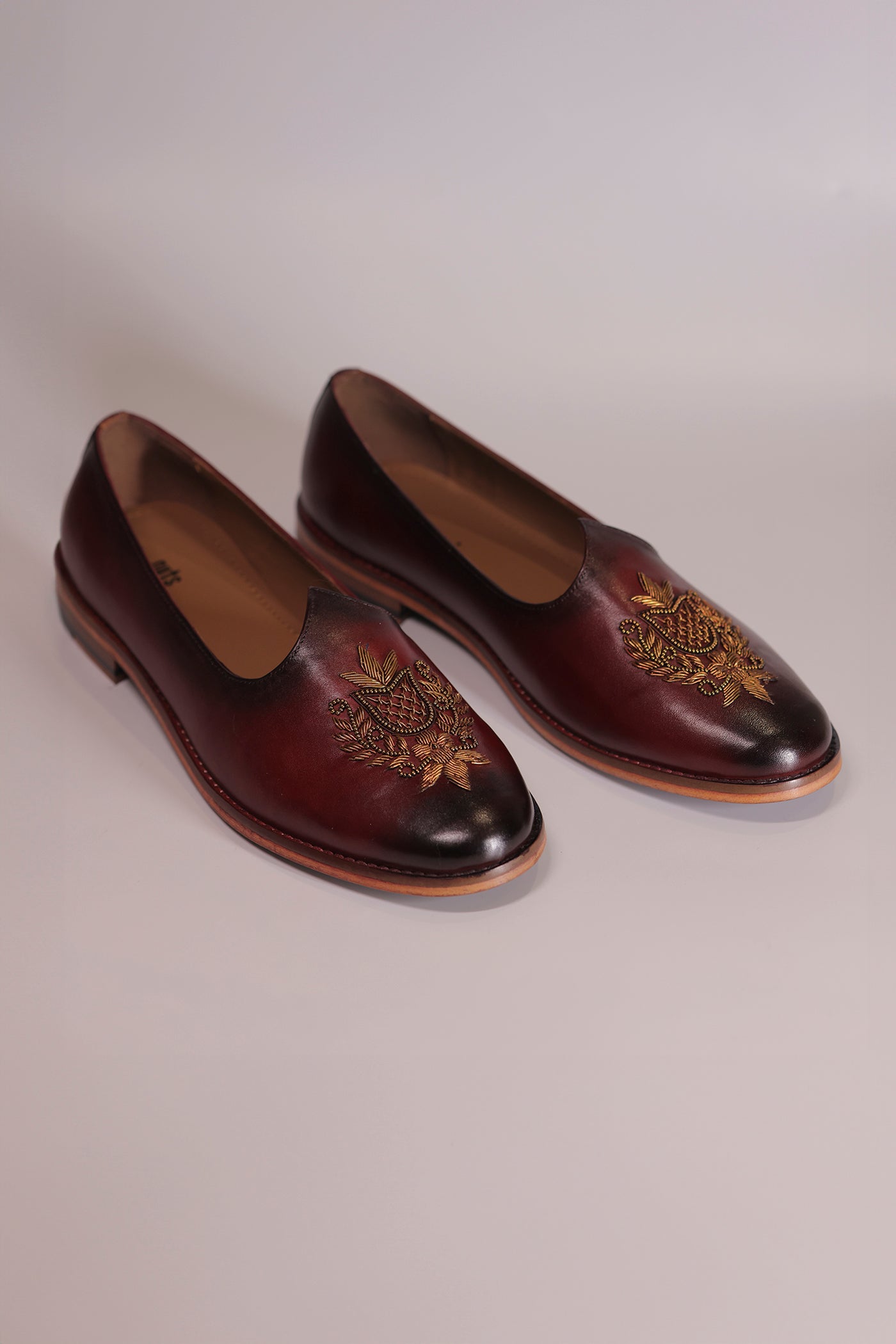 Handcrafted Maroon Leather Jalsa with Embroidered Crest & Wooden Sole