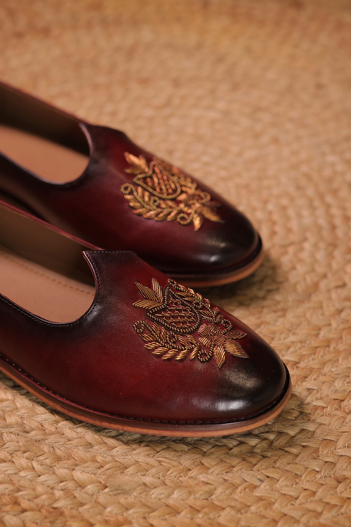 Handcrafted Maroon Leather Jalsa with Embroidered Crest & Wooden Sole