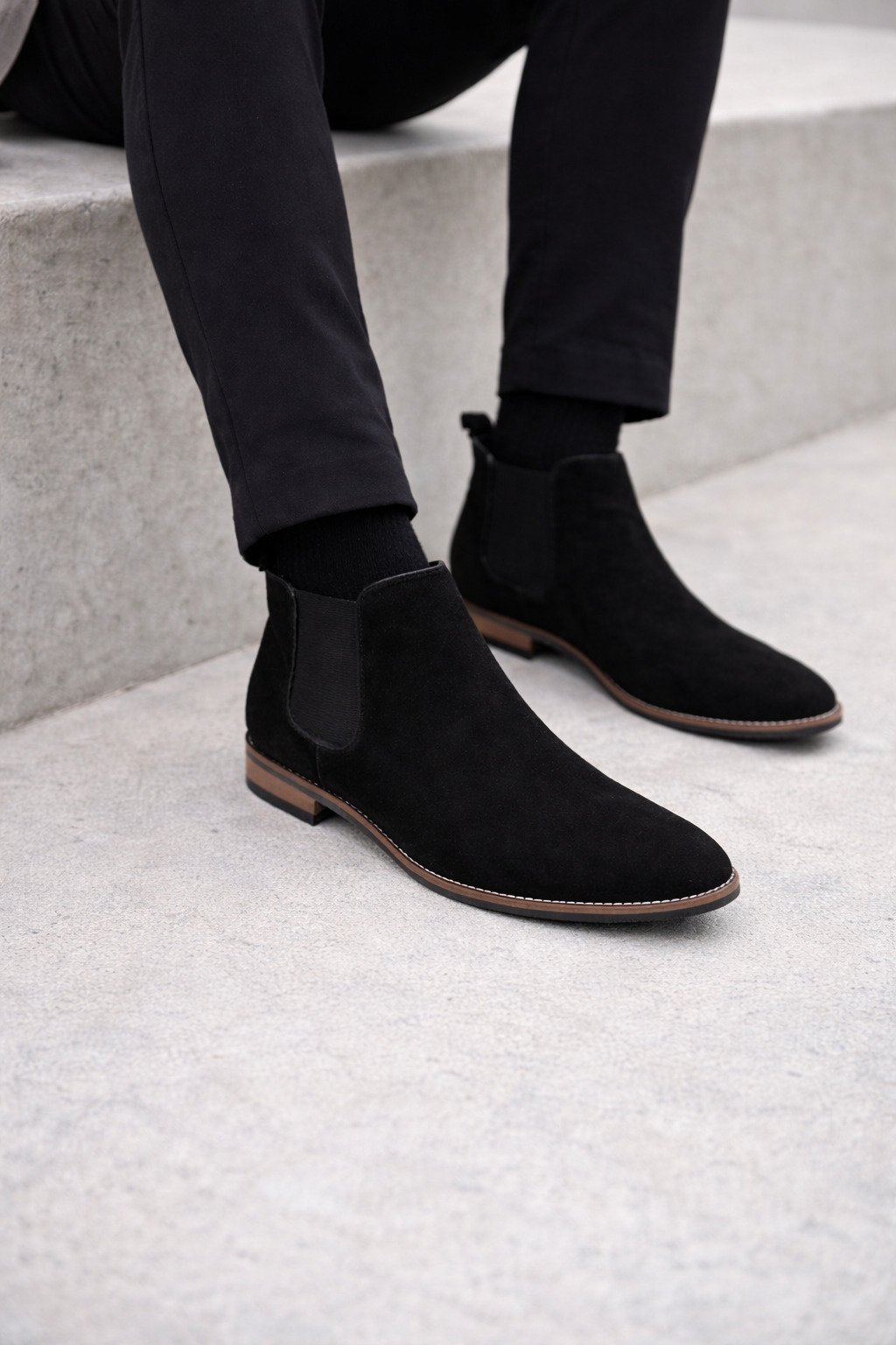 Black Suede Chelsea Boots with Wood Sole