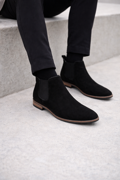 Black Suede Chelsea Boots with Wood Sole