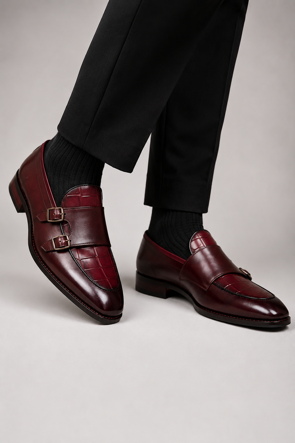 Burgundy Double Monk Strap Dress Shoes for Men
