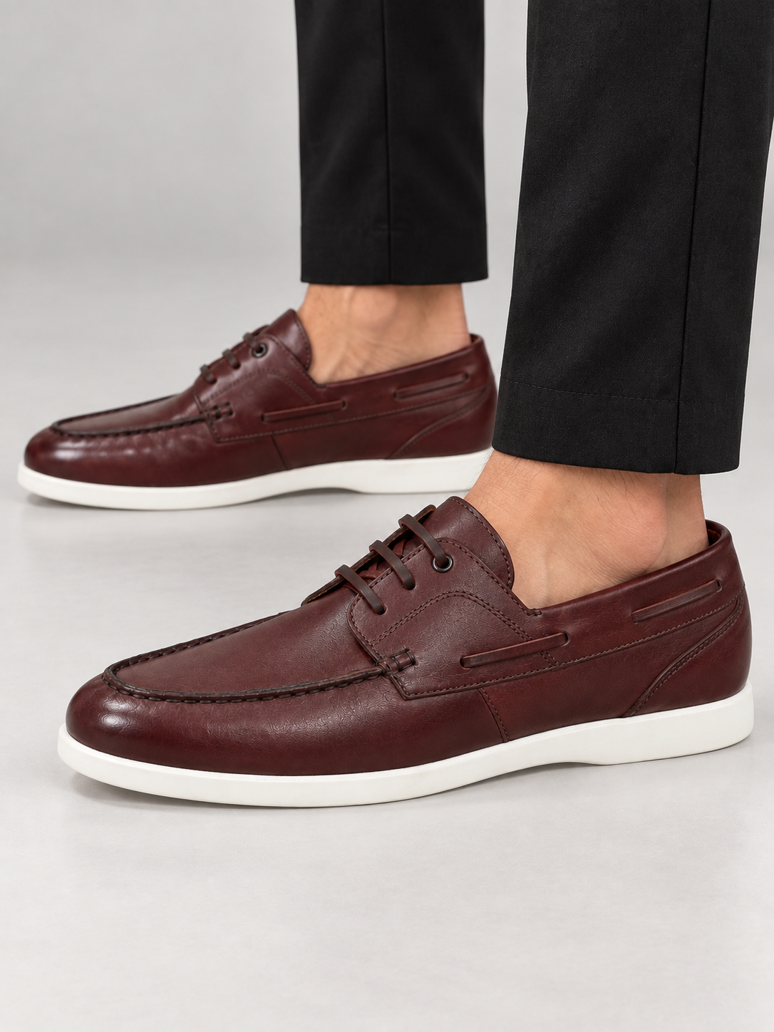 Wine Boat Shoe With White Sole