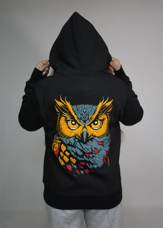 Owl Print Oversized Black Hoodie