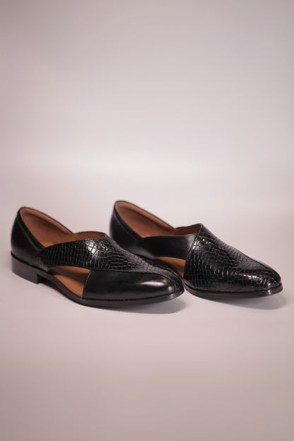 Black Leather Peshawari Jutti with Wooden Sole