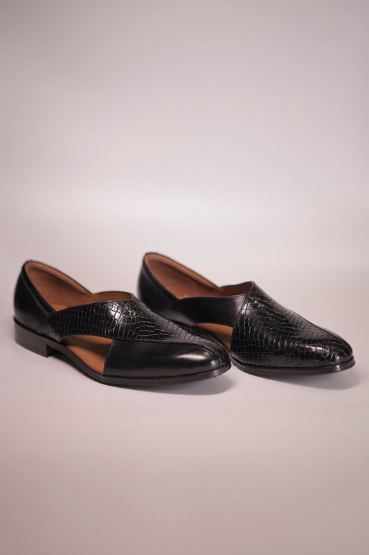 Black Leather Peshawari Jutti with Wooden Sole