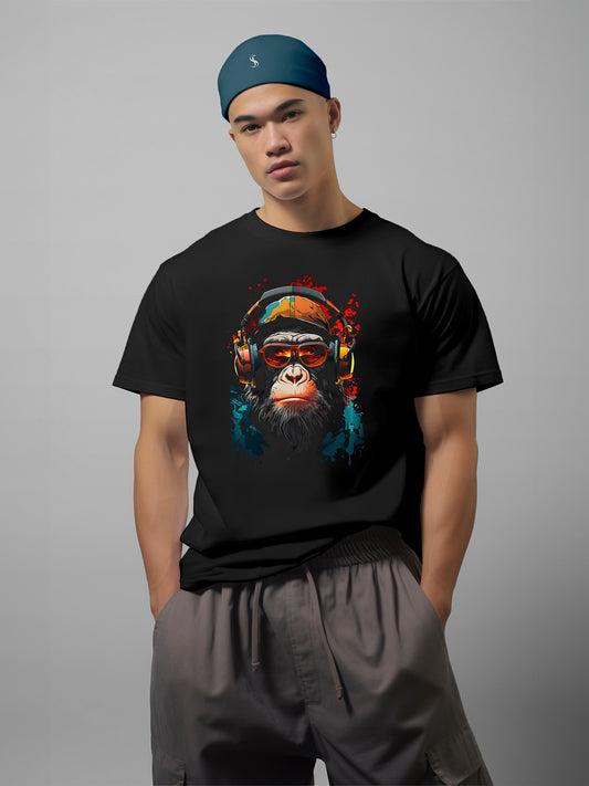 Headphone Monkey Black Oversized T-Shirts Men