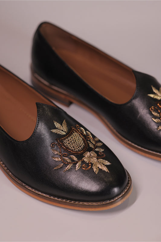 Handcrafted Black Leather Jalsa with Embroidered Crest & Wooden Sole