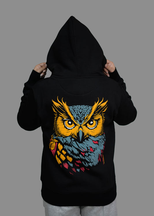 Owl Print Oversized Black Hoodie Women