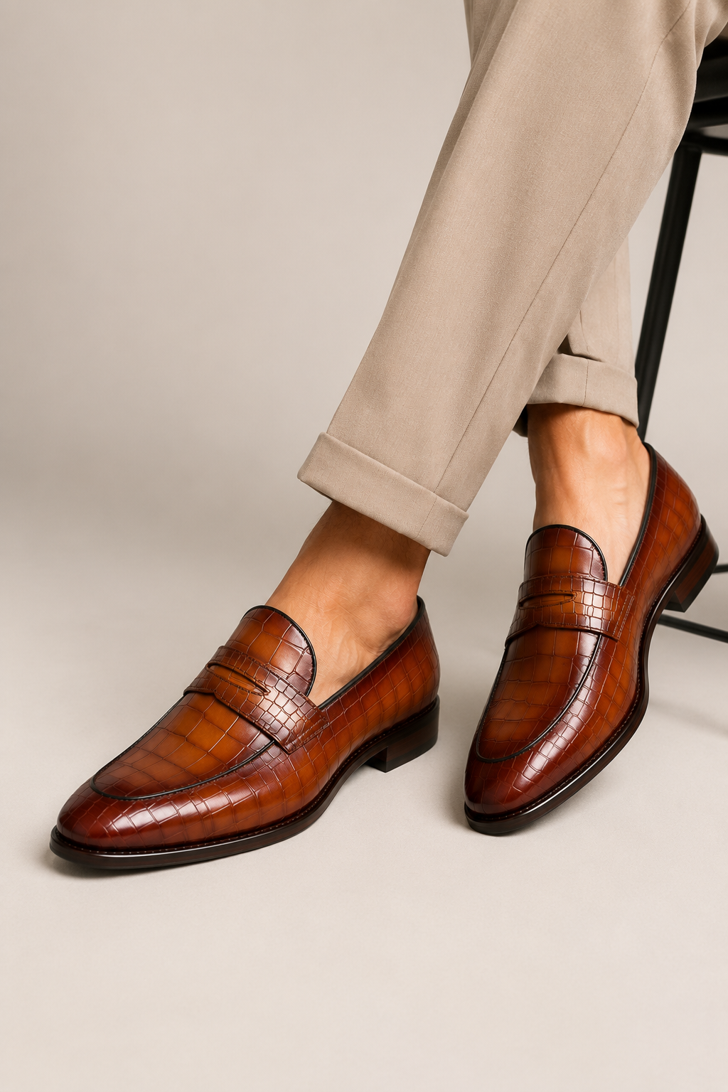 Brown Crocodile Embossed Penny Loafers