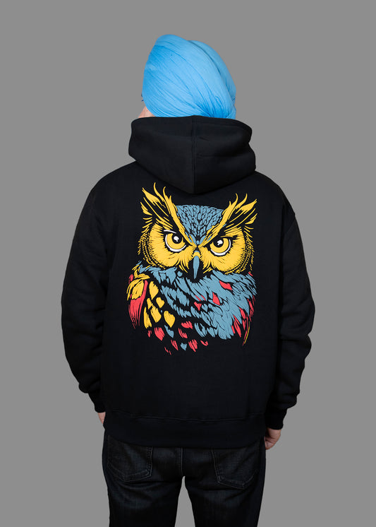 Owl Print Oversized Black Hoodie Men