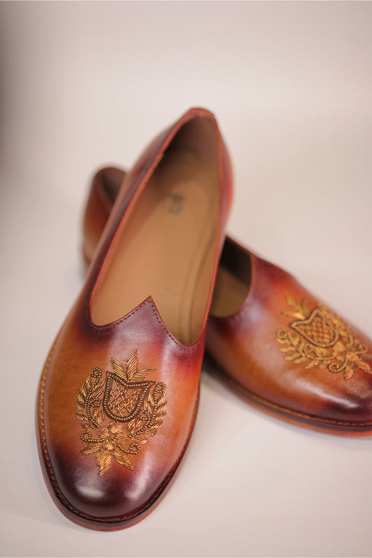 Handcrafted Brown Tan Leather Jalsa with Embroidered Crest & Wooden Sole