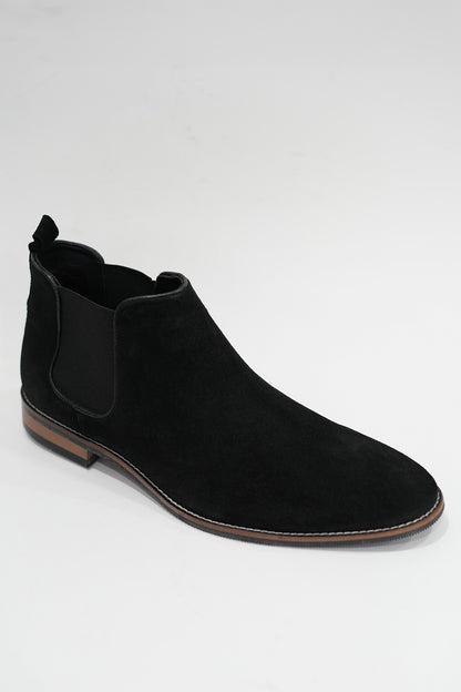 Black Suede Chelsea Boots with Wood Sole