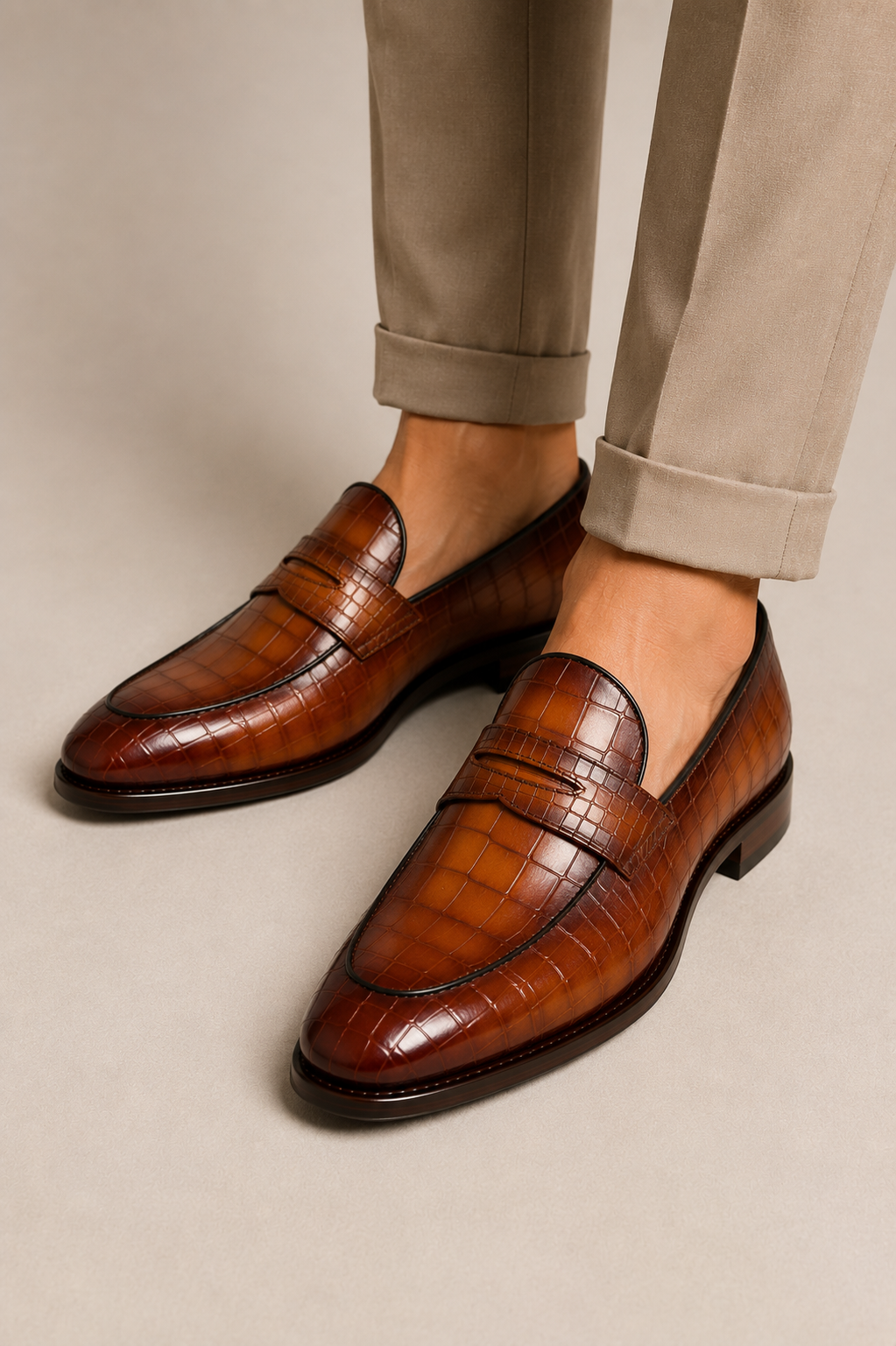 Brown Crocodile Embossed Penny Loafers