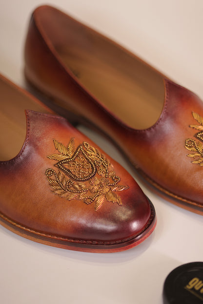 Handcrafted Brown Tan Leather Jalsa with Embroidered Crest & Wooden Sole