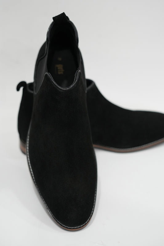 Black Suede Chelsea Boots with Wood Sole