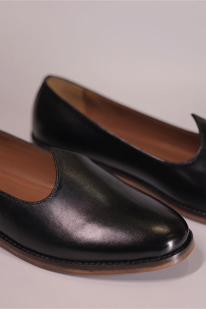 Black Plain Leather Jalsa with Wooden Sole