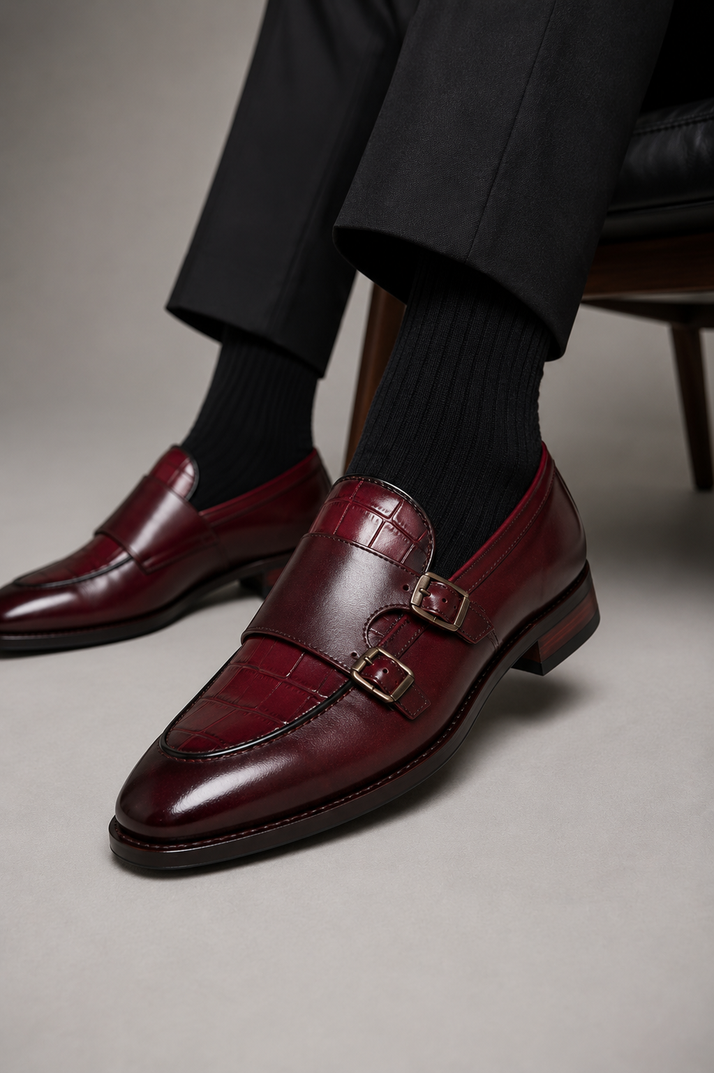 Burgundy Double Monk Strap Dress Shoes for Men