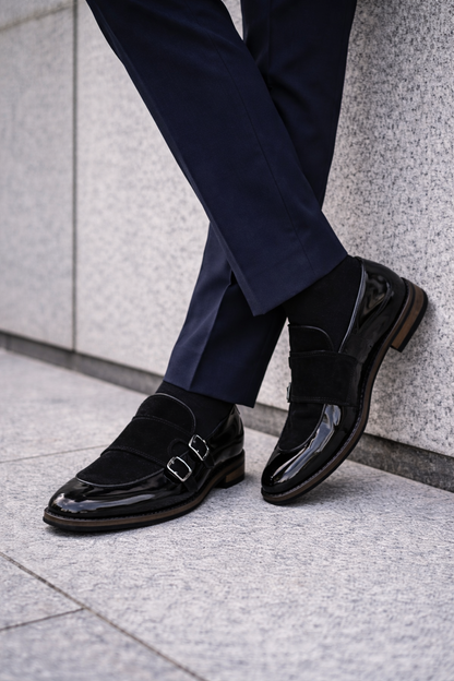 Handcrafted Double Monk Black Shoes