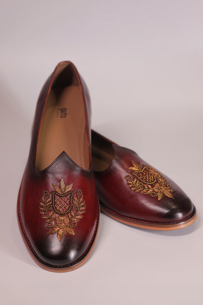 Handcrafted Maroon Leather Jalsa with Embroidered Crest & Wooden Sole