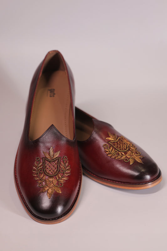 Handcrafted Maroon Leather Jalsa with Embroidered Crest & Wooden Sole