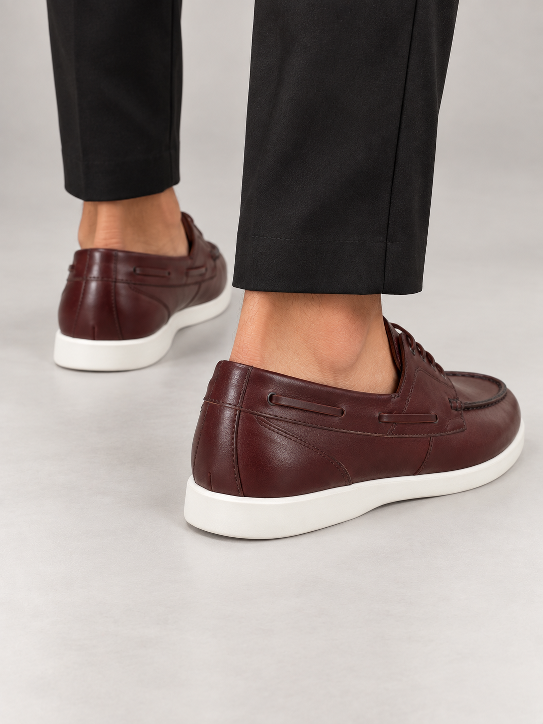 Wine Boat Shoe With White Sole