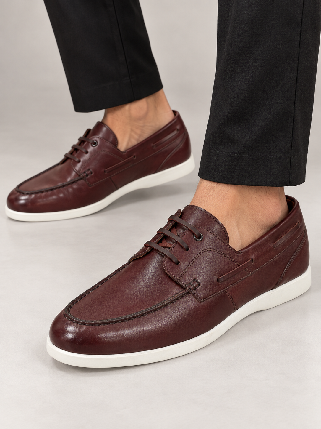Wine Boat Shoe With White Sole