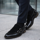 Black Double Monk Shoes with Patent Leather