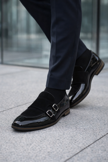 Handcrafted Double Monk Black Shoes
