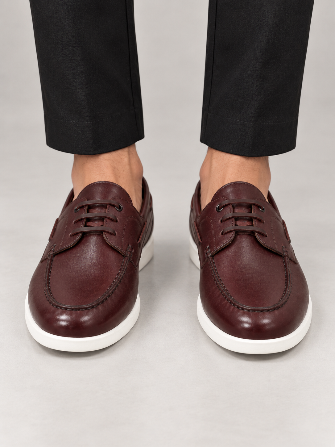Wine Boat Shoe With White Sole