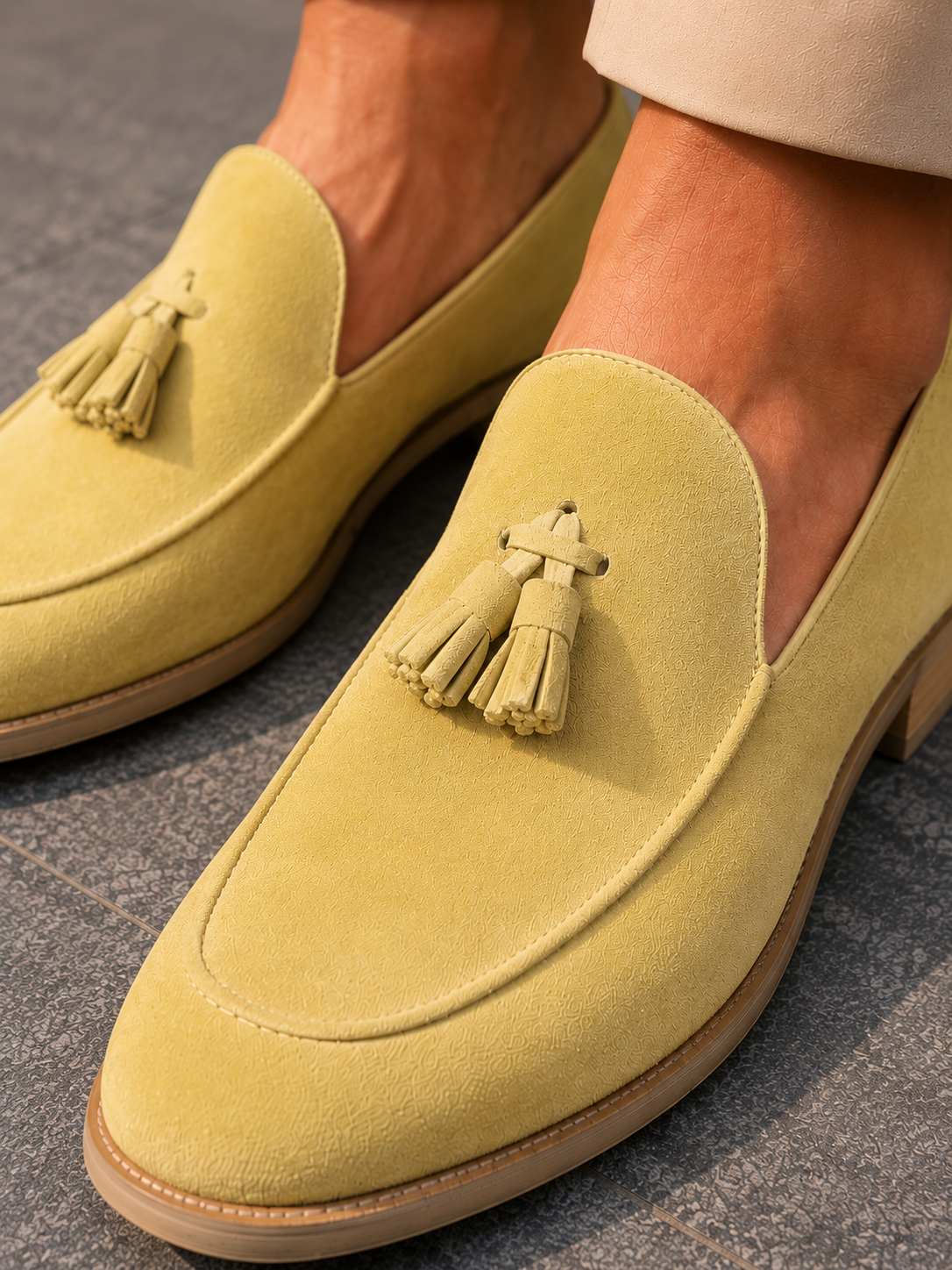 Beige Suede Tassel Loafers for Men