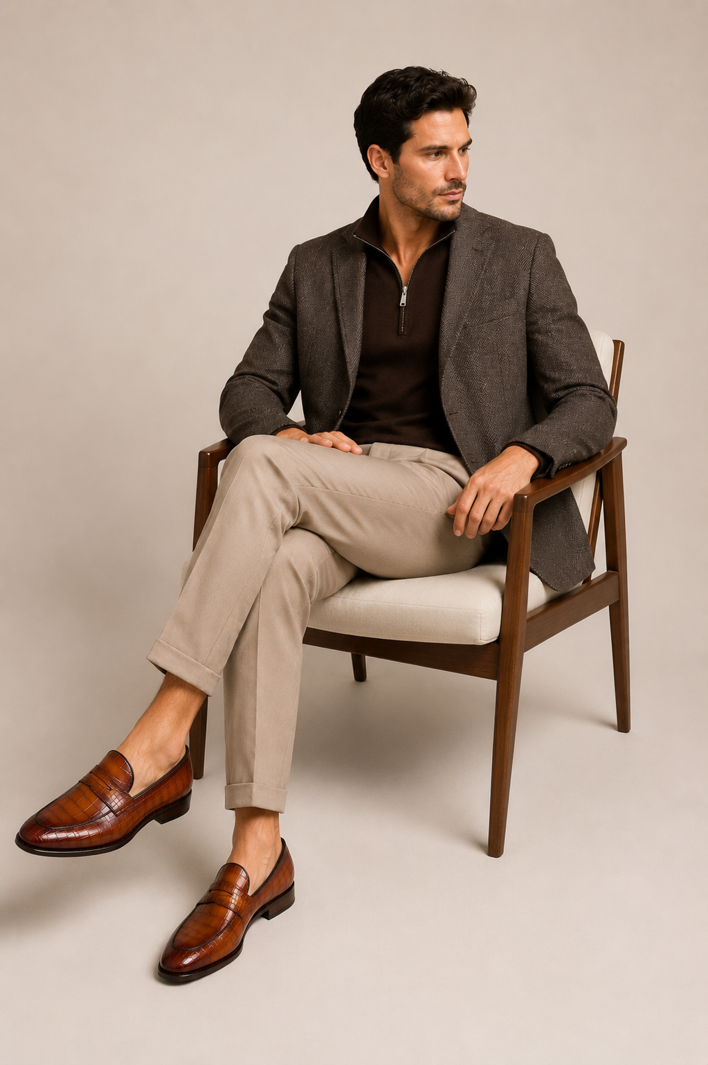 Brown Crocodile Embossed Penny Loafers