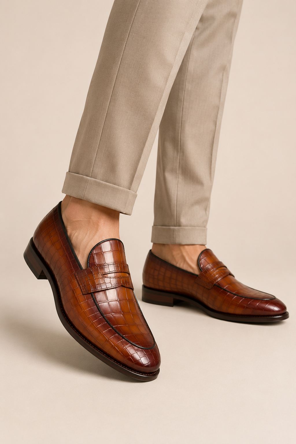 Brown Crocodile Embossed Penny Loafers