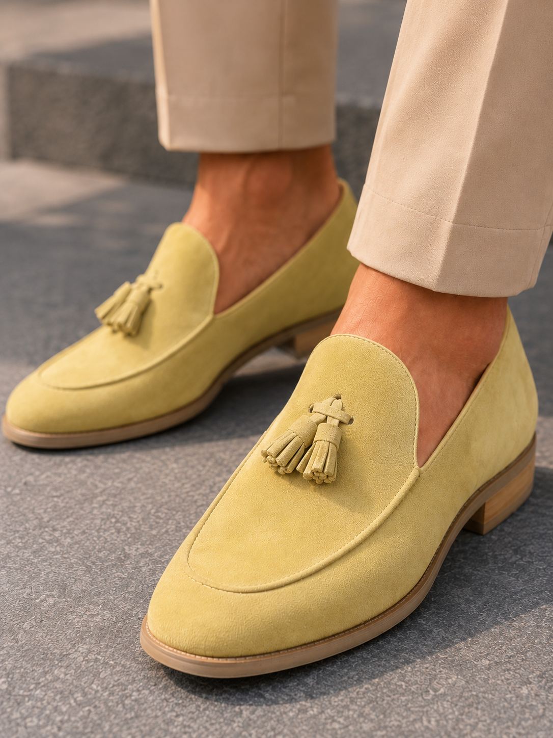 Beige Suede Tassel Loafers for Men