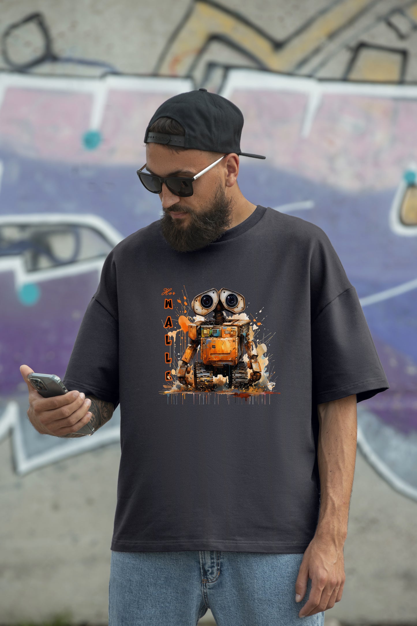 Her WALL-E Charcoal Grey Oversized T-Shirts Men