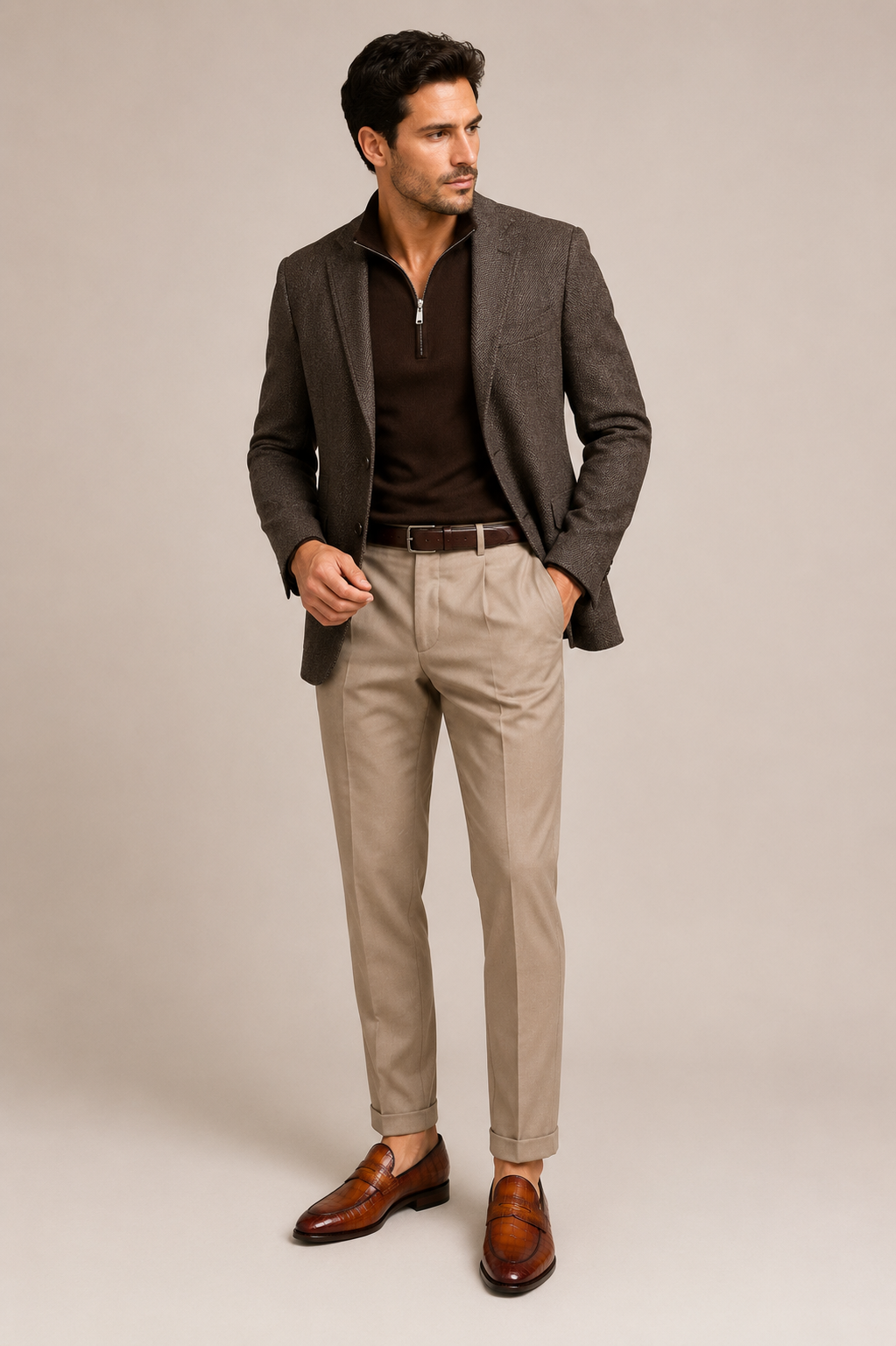 Brown Crocodile Embossed Penny Loafers