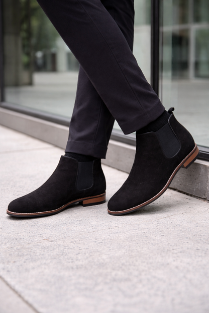 Black Suede Chelsea Boots with Wood Sole
