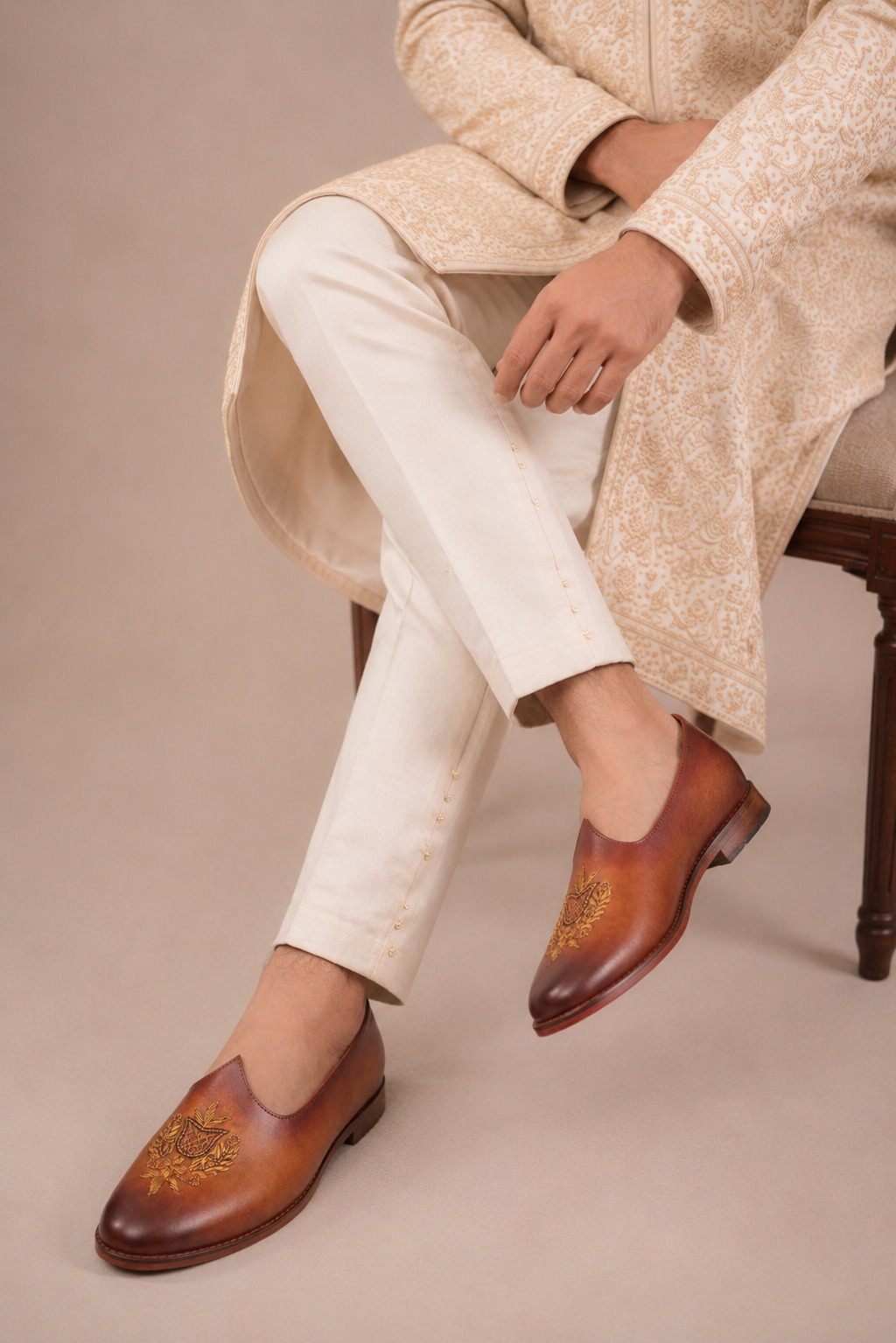 Handcrafted Tan Leather Jalsa with Embroidered Crest