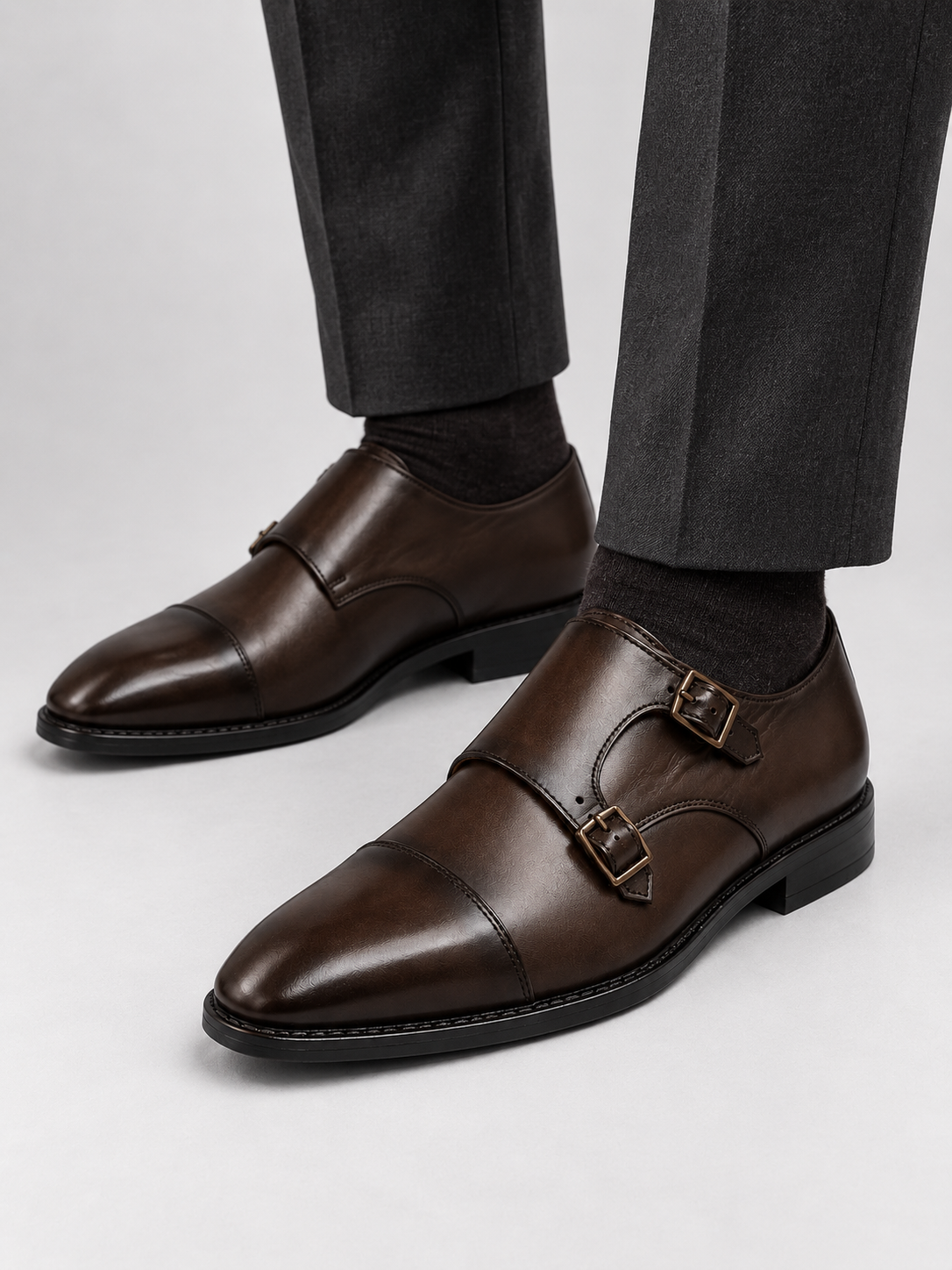 Brown Double Monk Strap Dress Shoes for Men
