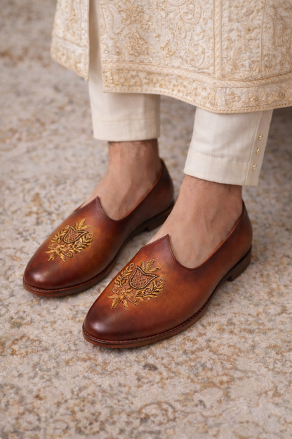 Handcrafted Brown Tan Leather Jalsa with Embroidered Crest & Wooden Sole