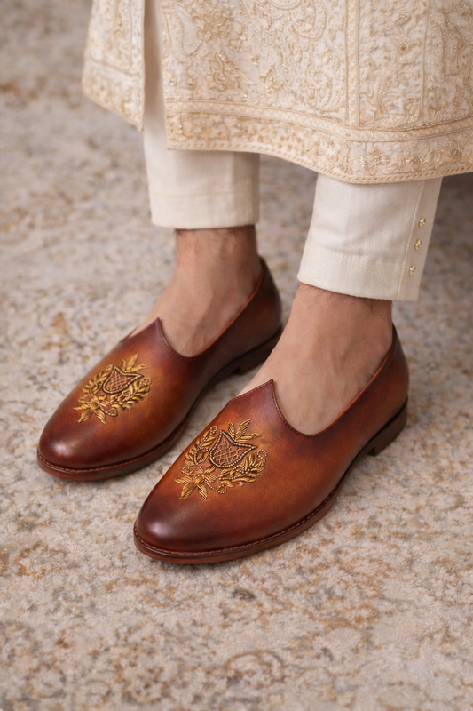 Handcrafted Brown Tan Leather Jalsa with Embroidered Crest & Wooden Sole
