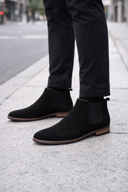 Black Suede Chelsea Boots with Wood Sole