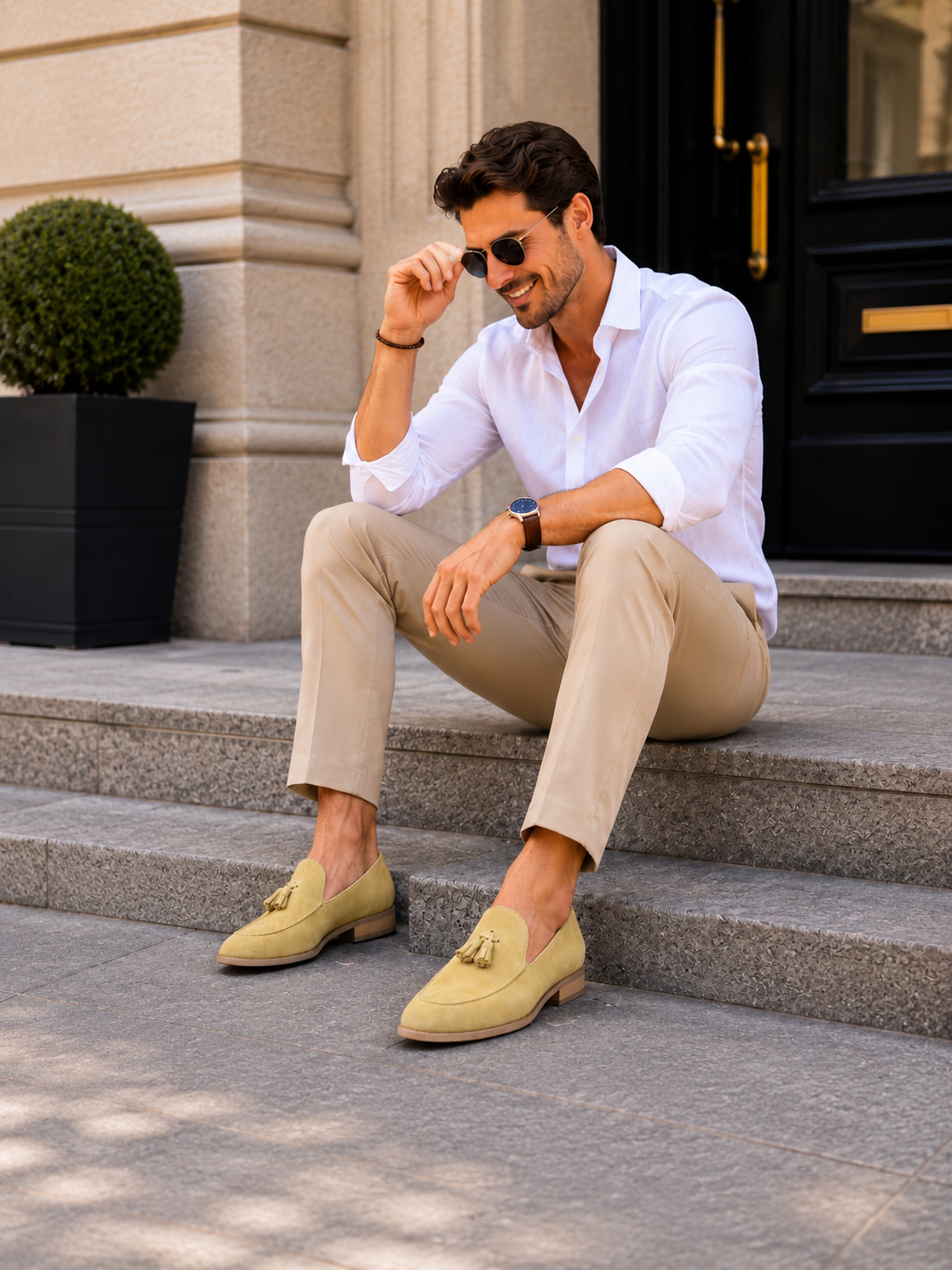 Beige Suede Tassel Loafers for Men