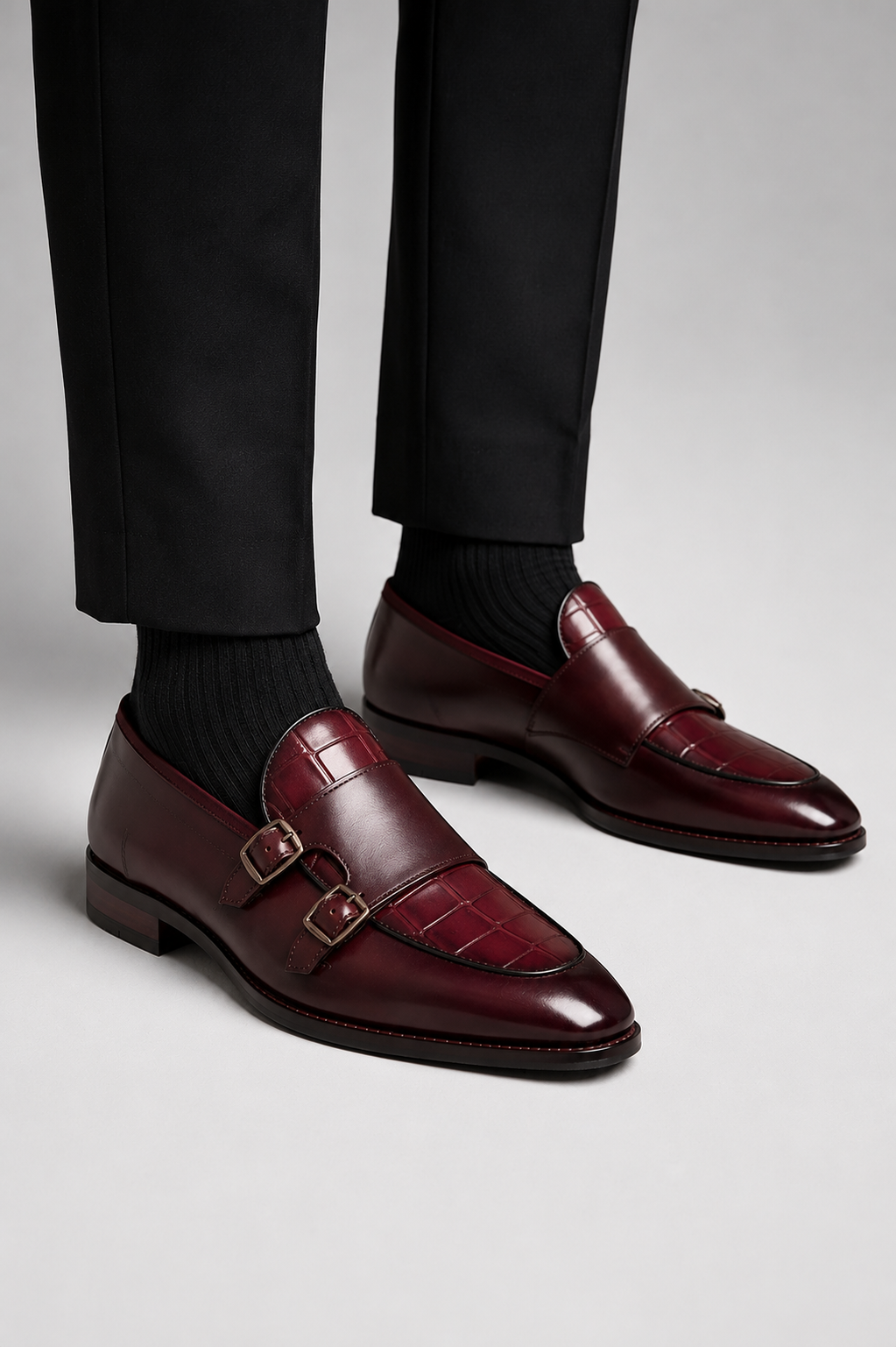 Burgundy Double Monk Strap Dress Shoes for Men