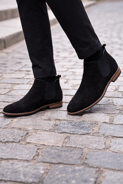 Black Suede Chelsea Boots with Wood Sole