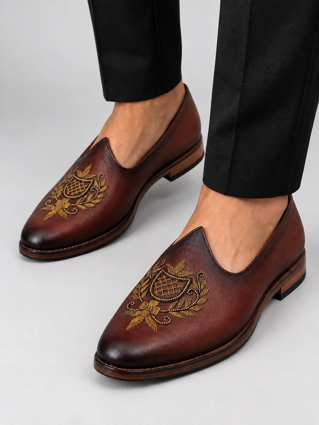 Handcrafted Brown Leather Jalsa with Embroidered Crest