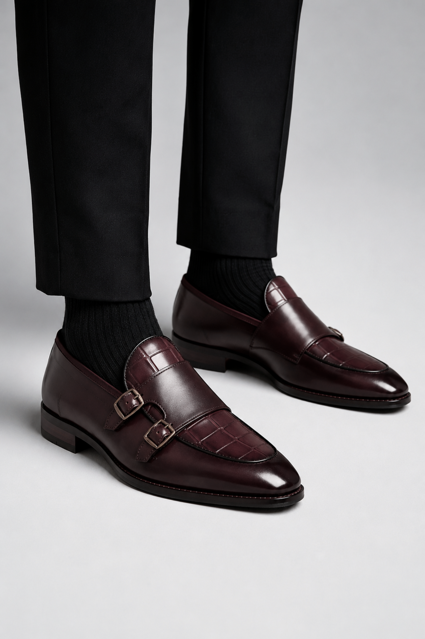 Wine Double Monk Strap Shoes for Men