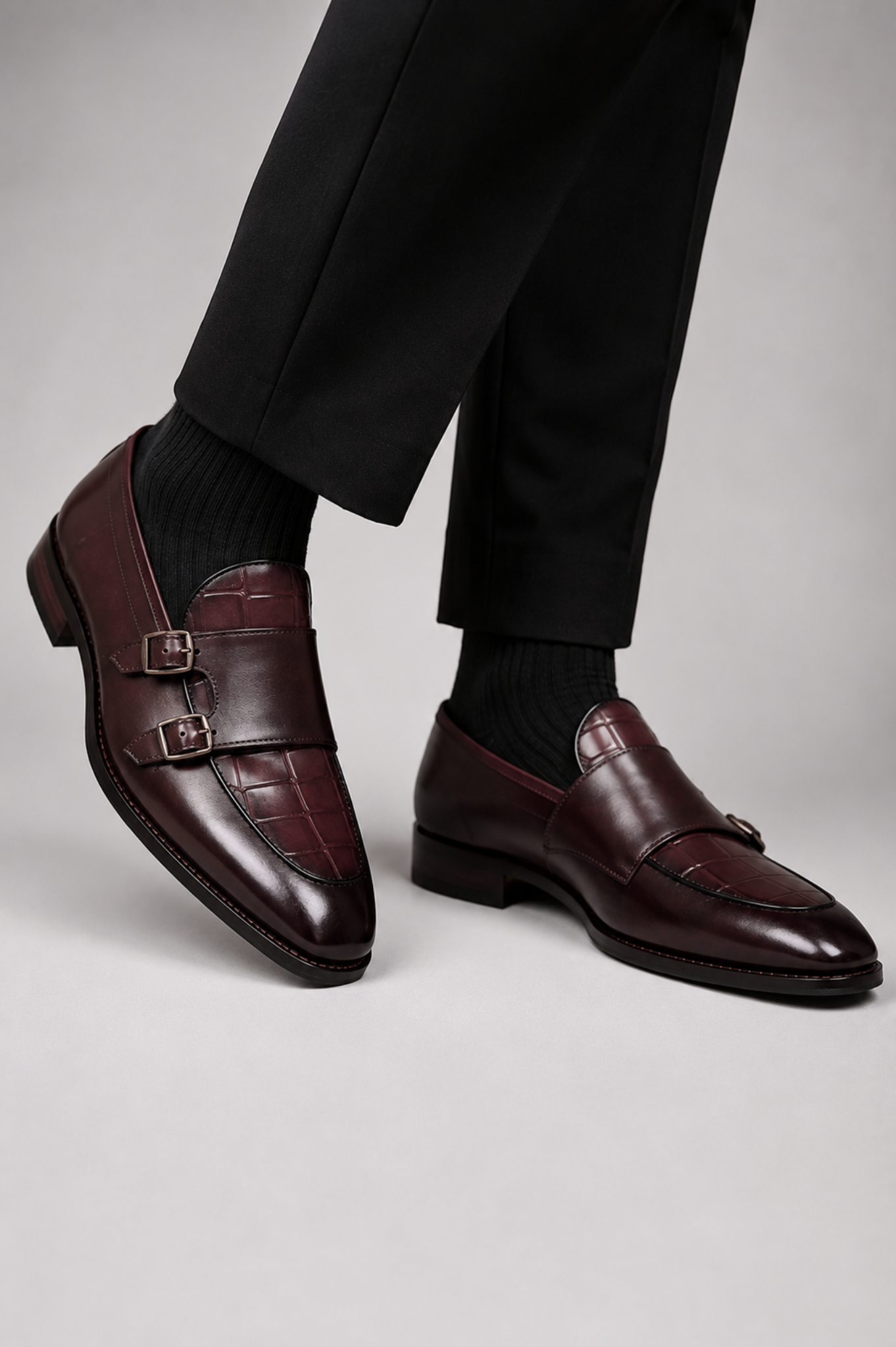 Wine Double Monk Strap Shoes for Men